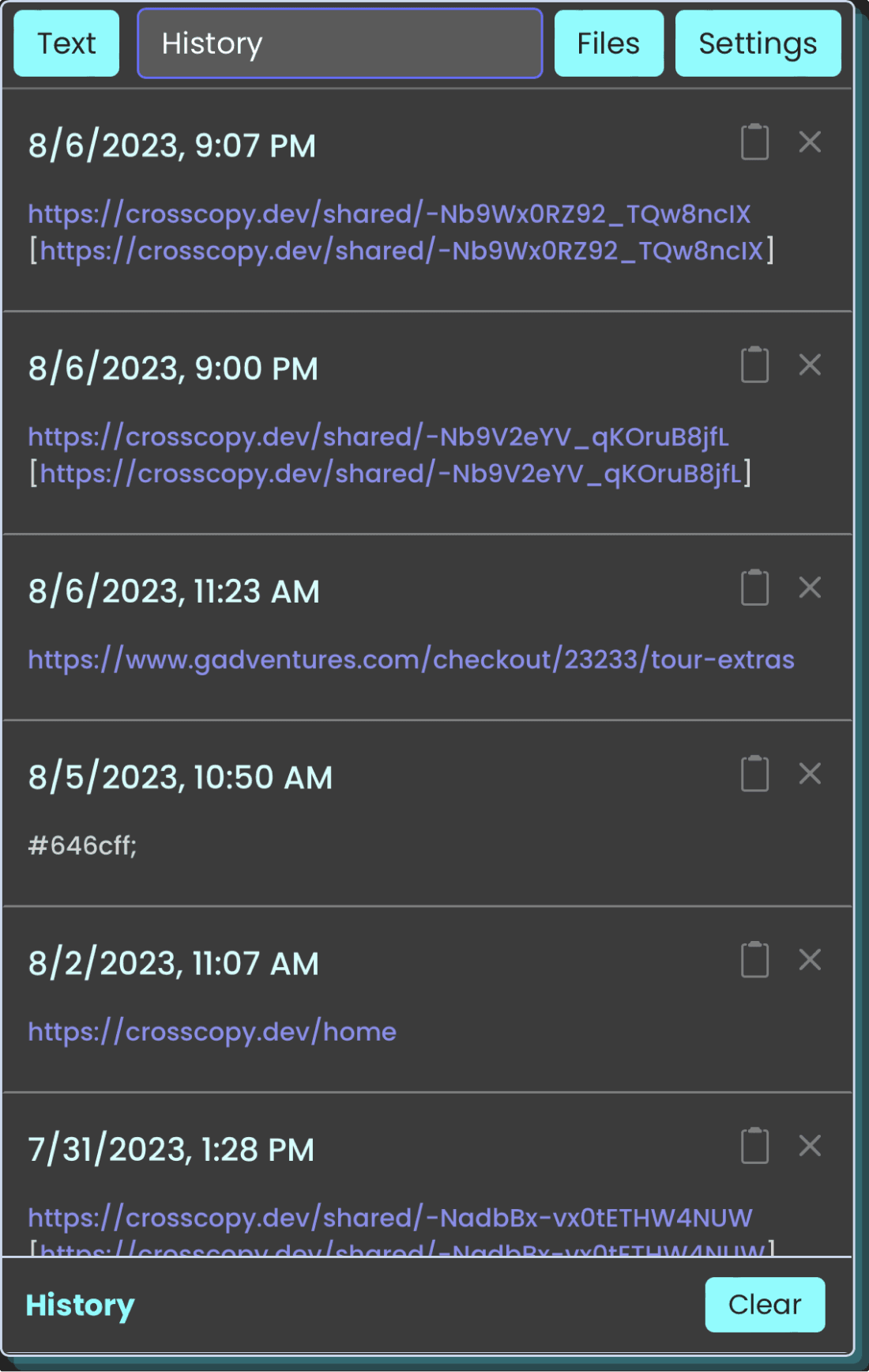 An example of the Cross Copy history section.