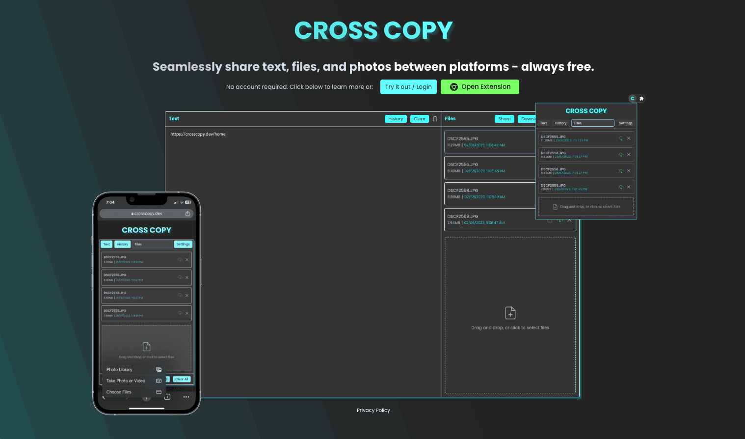 The Cross Copy landing page.