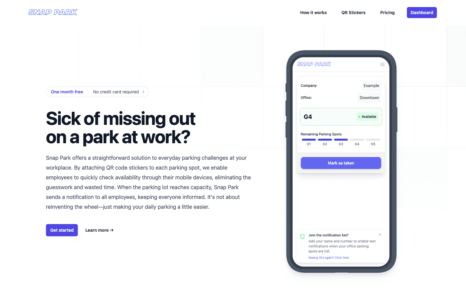 The Snap Park Landing page.