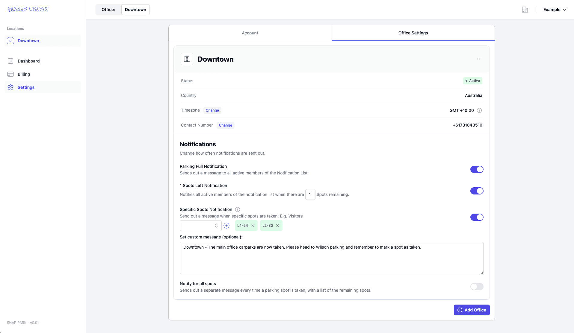 An example of the Snap Park Settings page.
